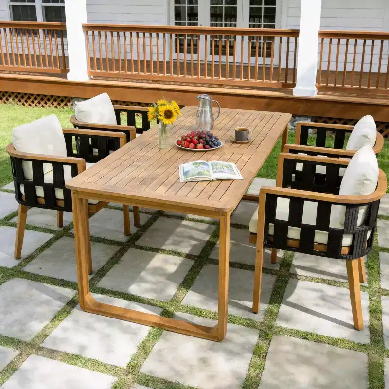 Christopher Knight Home Gavin Patio Modern Acacia Wood 5-Piece Dining Set with 4 Wicker Rope Dining Chairs