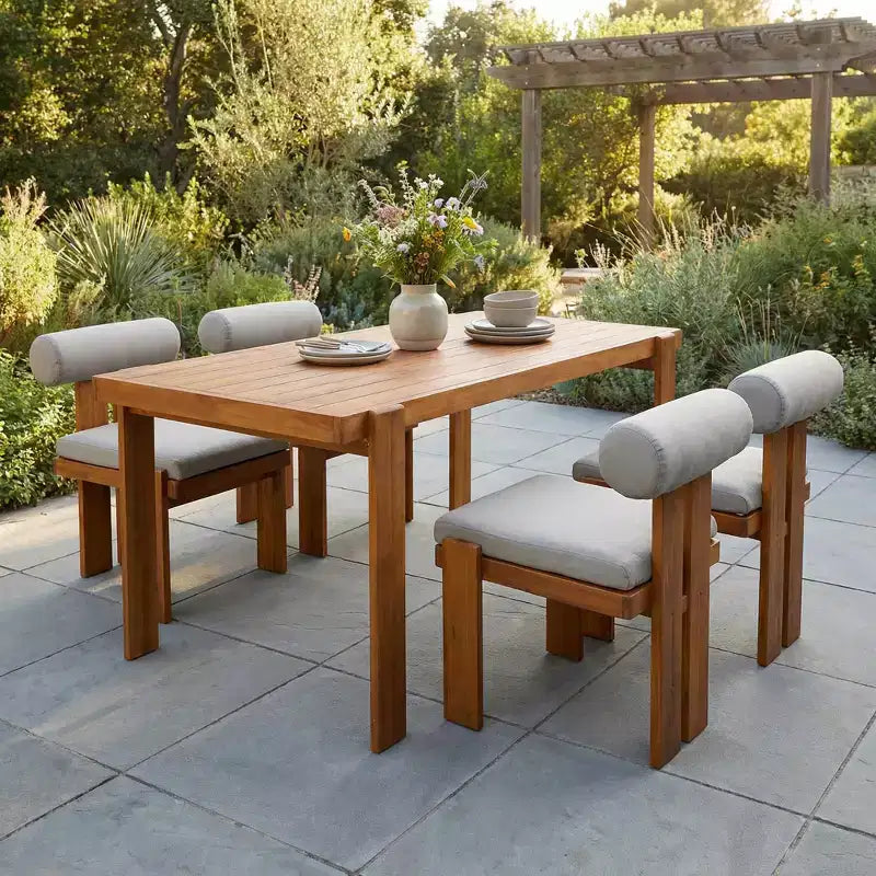 Christopher Knight Home Javier Modern 5 Piece Patio Acacia Upholstered Dining Set with Round Back and Slatted Table