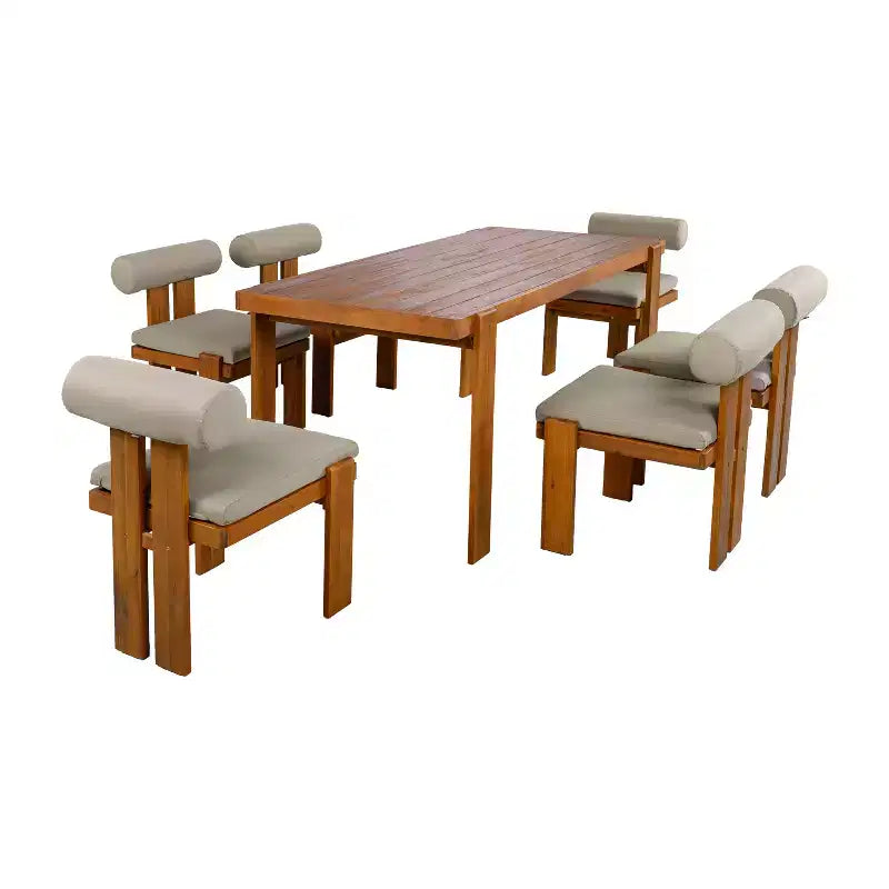 Christopher Knight Home Lucia Modern 7 Piece Patio Acacia Upholstered Dining Set with Round Back and Slatted Table