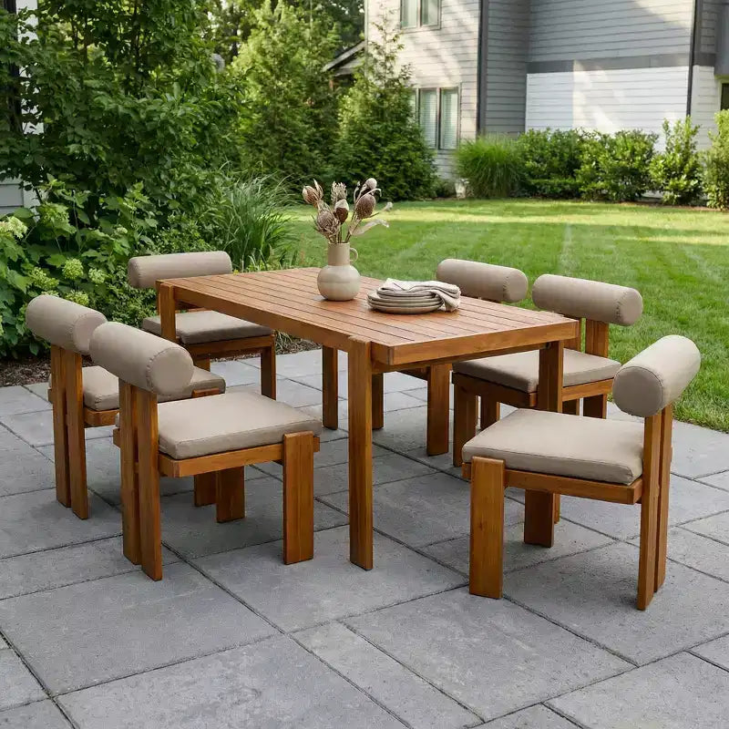 Christopher Knight Home Lucia Modern 7 Piece Patio Acacia Upholstered Dining Set with Round Back and Slatted Table