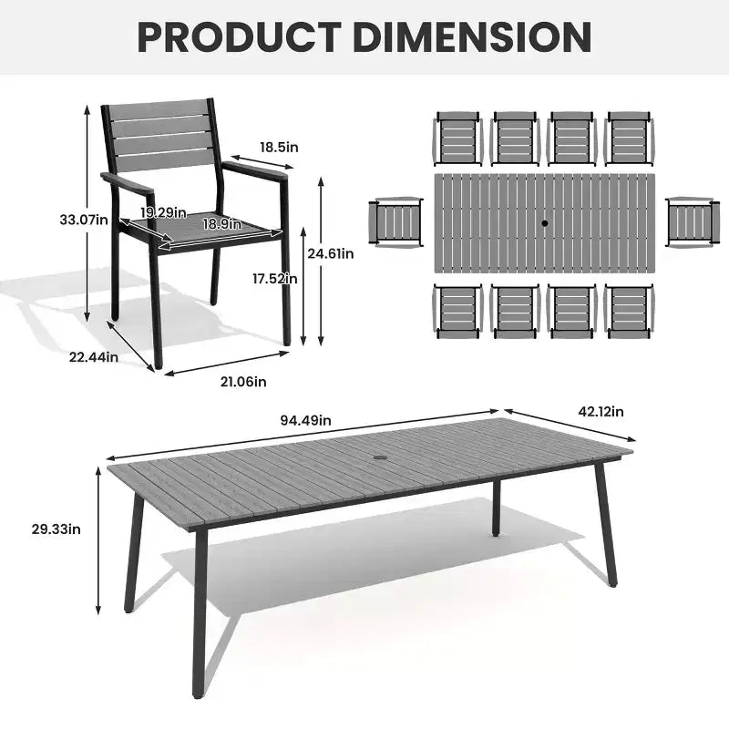 Crestlive Products Outdoor 11pcs Patio Dining Set Stackable Armchairs Wood Like Table With Umbrella Hole For Large Gatherings