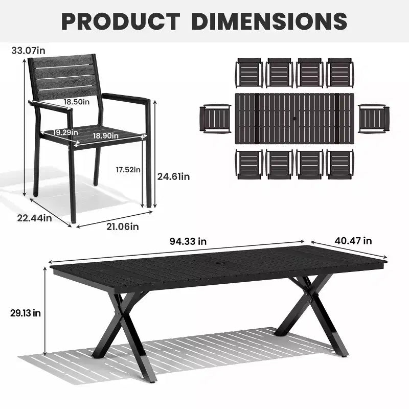 Crestlive Products Outdoor 11pcs Patio Dining Set Stackable Armchairs Wood Like Table With Umbrella Hole For Large Gatherings