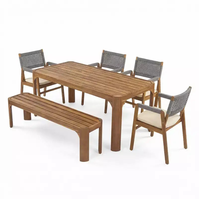 Christopher Knight Home Lan Modern 6 Piece Acacia Wood Patio Dining Set with Slatted Table and Rope Design