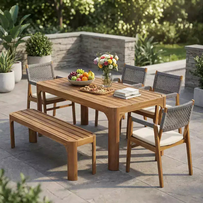 Christopher Knight Home Lan Modern 6 Piece Acacia Wood Patio Dining Set with Slatted Table and Rope Design