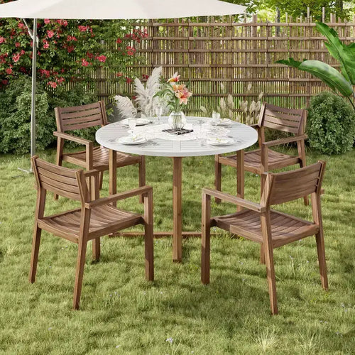 5-Piece Outdoor Acacia Wood Patio Dining Set for 4, Slatted Top Round Table and 4 Chairs, Backyard Furniture for Deck, Poolside-Panipeachy
