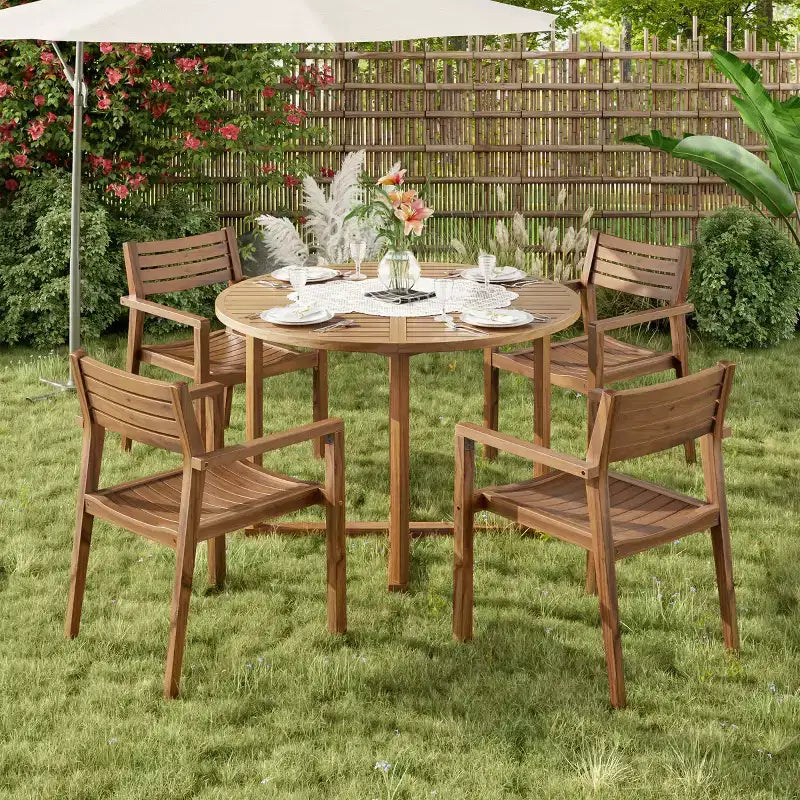 5-Piece Outdoor Acacia Wood Patio Dining Set for 4, Slatted Top Round Table and 4 Chairs, Backyard Furniture for Deck, Poolside-Panipeachy