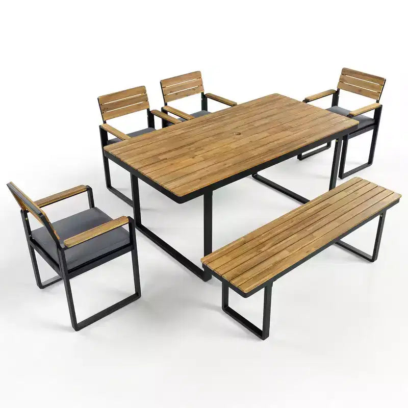 Ensemble de salle à manger d'extérieur en bois Whisen 6 pièces pour 6-7 personnes, ensemble de sièges de salle à manger de jardin de patio, 1 table rectangulaire et 1 banc et 4 chaises avec coussins