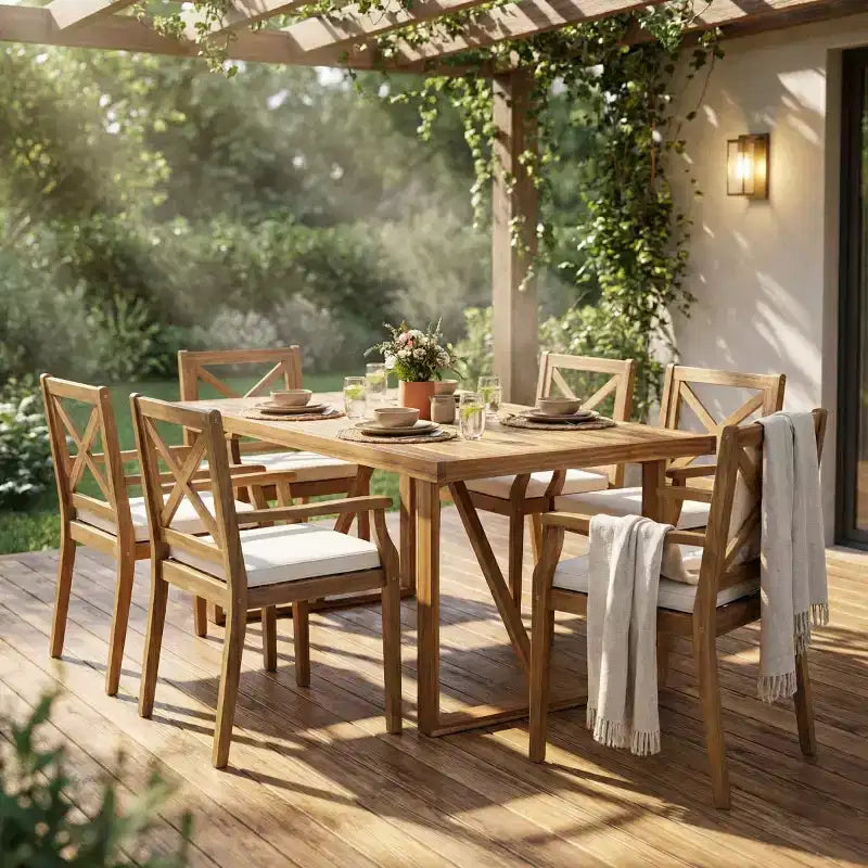 7-Piece Acacia Wood Outdoor Dining Set with 6 Cushioned Chairs, Rectangular Patio Dining Table Set for Backyard, Garden, Deck-Panipeachy