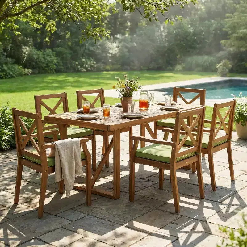 7-Piece Acacia Wood Outdoor Dining Set with 6 Cushioned Chairs, Rectangular Patio Dining Table Set for Backyard, Garden, Deck-Panipeachy