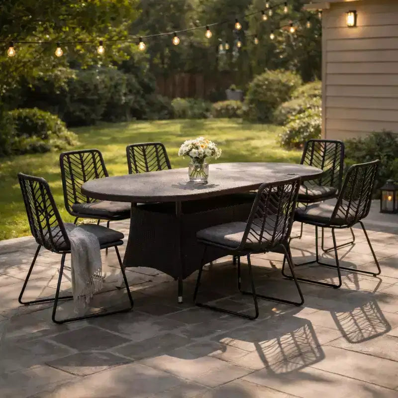 Christopher Knight Home Freya Modern 7 Piece Metal Patio Dining Set with Oval Table and PE Rattan Design