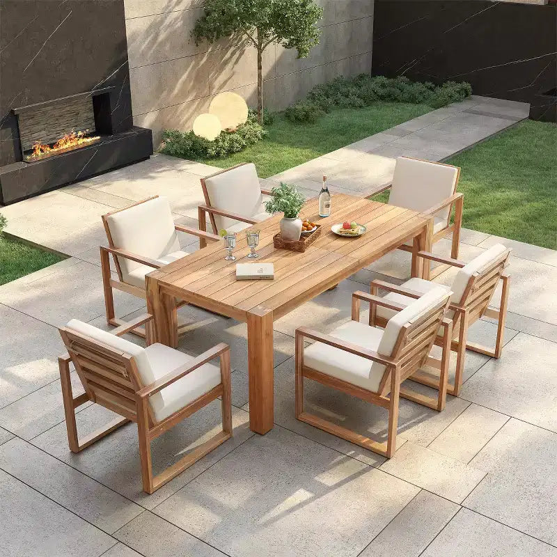 7-Piece Outdoor Dining Set for 6 with Umbrella Hole, Wood Patio Table and Chairs Set with Removable Cushions for Backyard or Patio-Panipeachy