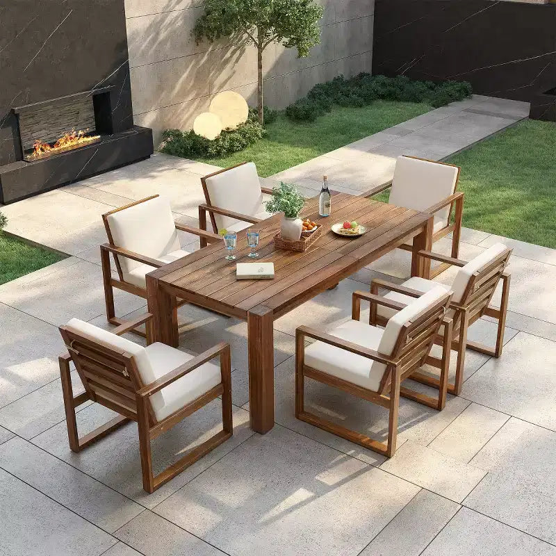 7-Piece Outdoor Dining Set for 6 with Umbrella Hole, Wood Patio Table and Chairs Set with Removable Cushions for Backyard or Patio-Panipeachy