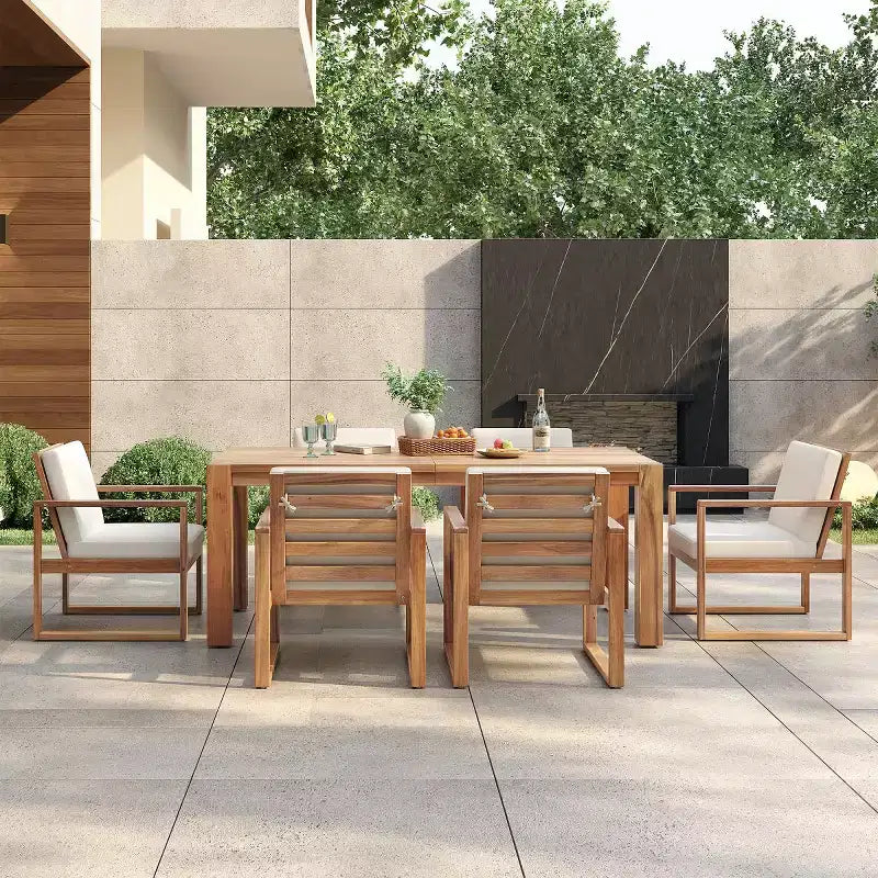 7-Piece Outdoor Dining Set for 6 with Umbrella Hole, Wood Patio Table and Chairs Set with Removable Cushions for Backyard or Patio-Panipeachy