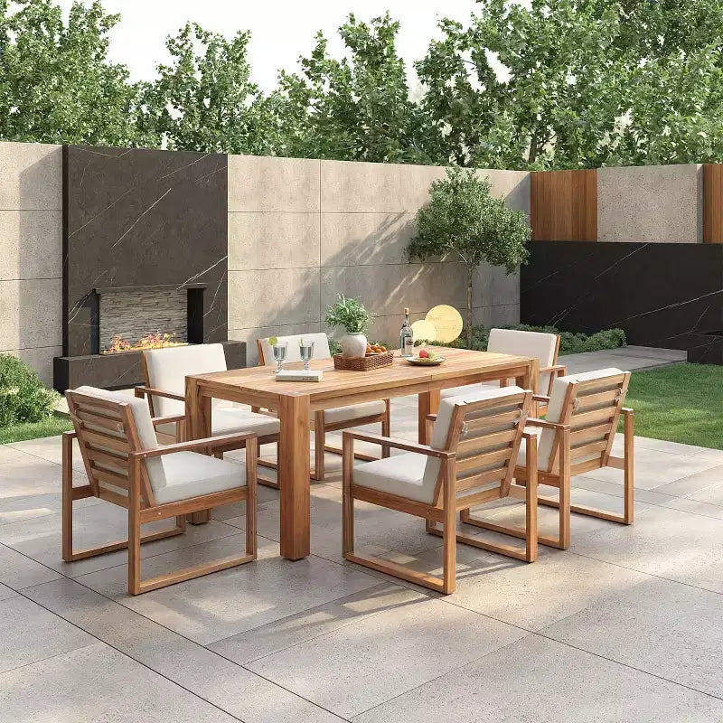 7-Piece Outdoor Dining Set for 6 with Umbrella Hole, Wood Patio Table and Chairs Set with Removable Cushions for Backyard or Patio-Panipeachy