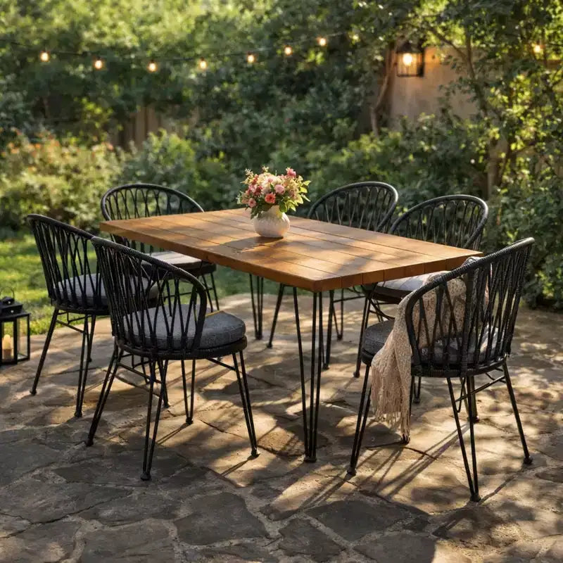 Christopher Knight Home Anne Boho 7 Piece Outdoor Acacia Wood Slatted Dining Table with Rattan Cushioned Chairs