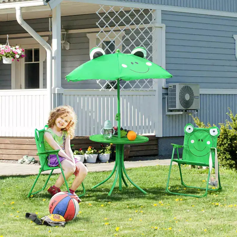 Folding Kids Outdoor Picnic Table and Chair Set with Umbrella 4-Piece Green