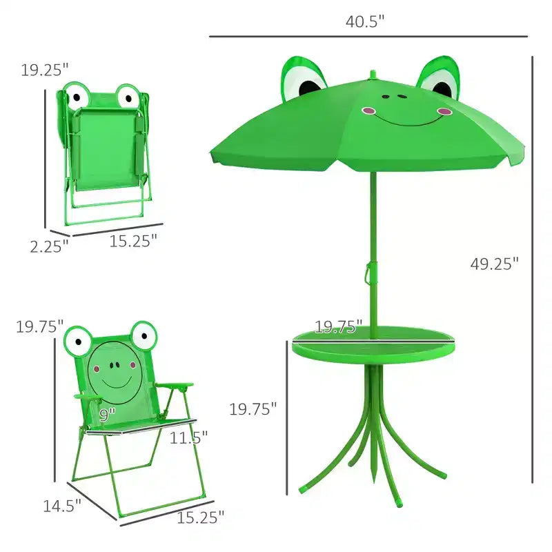 Folding Kids Outdoor Picnic Table and Chair Set with Umbrella 4-Piece Green