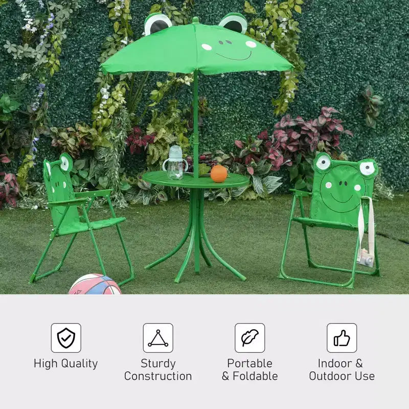 Folding Kids Outdoor Picnic Table and Chair Set with Umbrella 4-Piece Green