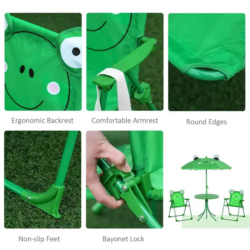 Folding Kids Outdoor Picnic Table and Chair Set with Umbrella 4-Piece Green