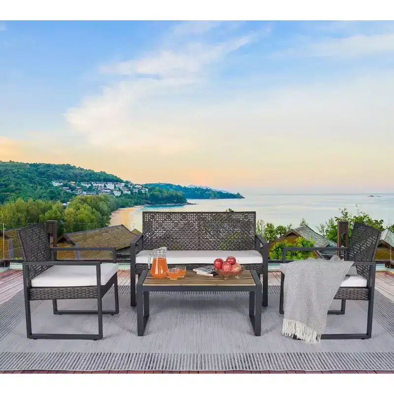 4-Piece Patio Furniture Set Outdoor Acacia Wood Table Top Metal Frame Cushions Balcony Garden Backyard Lawn