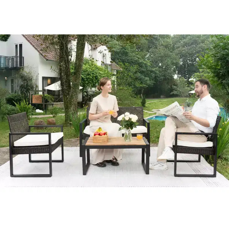 4-Piece Patio Furniture Set Outdoor Acacia Wood Table Top Metal Frame Cushions Balcony Garden Backyard Lawn