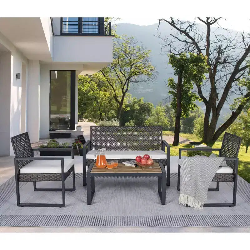 4-Piece Patio Furniture Set Outdoor Acacia Wood Table Top Metal Frame Cushions Balcony Garden Backyard Lawn