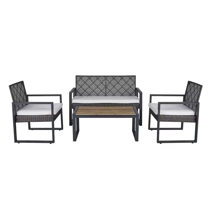 4-Piece Patio Furniture Set Outdoor Acacia Wood Table Top Metal Frame Cushions Balcony Garden Backyard Lawn