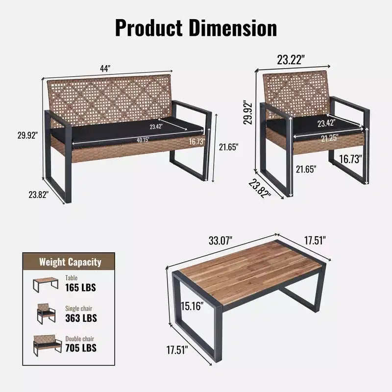 4-Piece Patio Furniture Set Outdoor Acacia Wood Table Top Metal Frame Cushions Balcony Garden Backyard Lawn