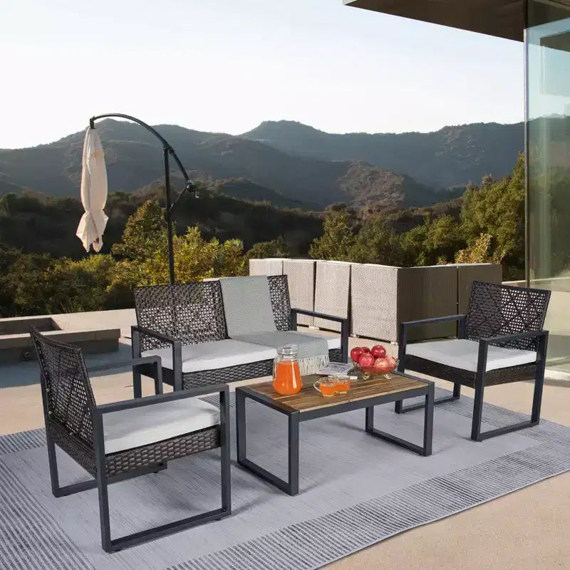 4-Piece Patio Furniture Set Outdoor Acacia Wood Table Top Metal Frame Cushions Balcony Garden Backyard Lawn