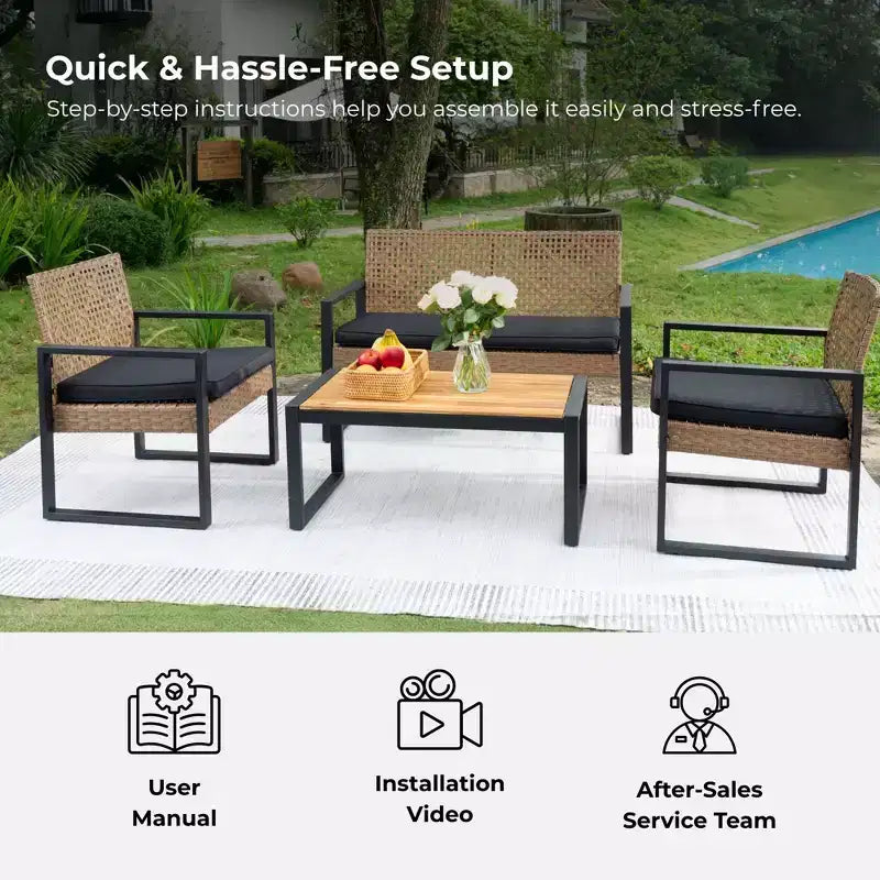 4-Piece Patio Furniture Set Outdoor Acacia Wood Table Top Metal Frame Cushions Balcony Garden Backyard Lawn