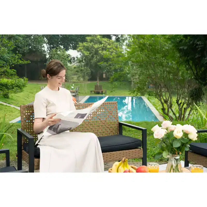 4-Piece Patio Furniture Set Outdoor Acacia Wood Table Top Metal Frame Cushions Balcony Garden Backyard Lawn