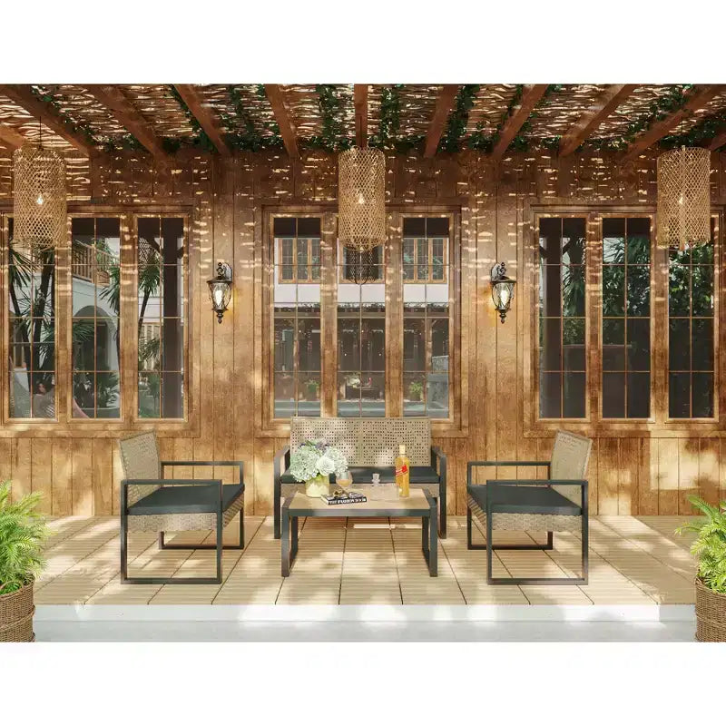 4-Piece Patio Furniture Set Outdoor Acacia Wood Table Top Metal Frame Cushions Balcony Garden Backyard Lawn