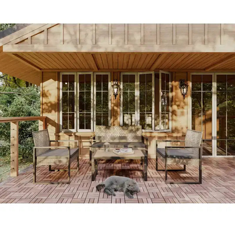 4-Piece Patio Furniture Set Outdoor Acacia Wood Table Top Metal Frame Cushions Balcony Garden Backyard Lawn
