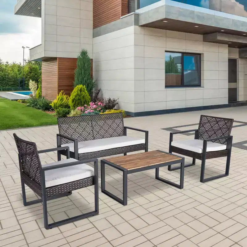 4-Piece Patio Furniture Set Outdoor Acacia Wood Table Top Metal Frame Cushions Balcony Garden Backyard Lawn