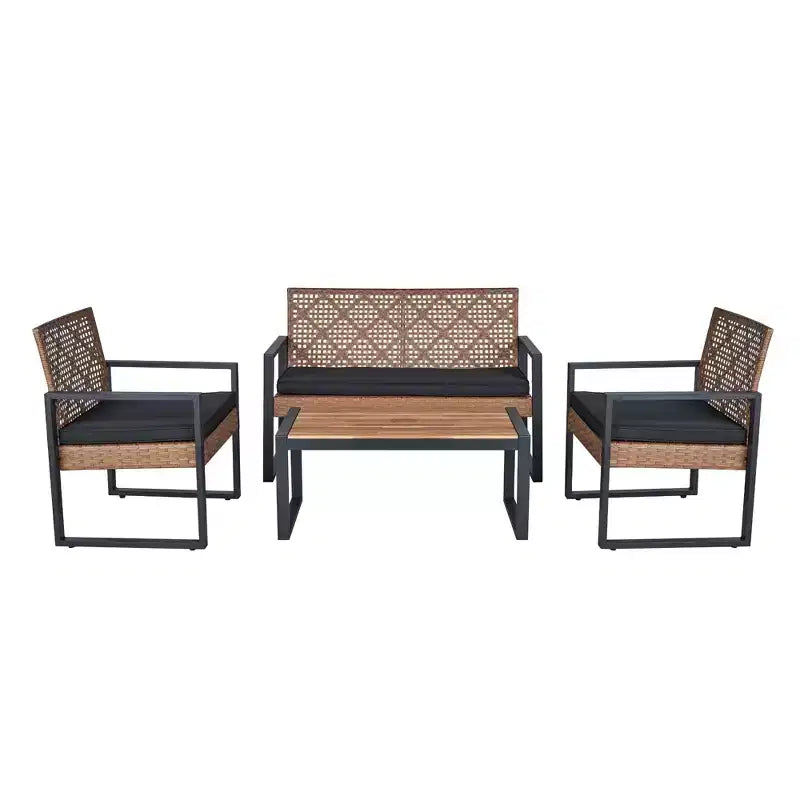 4-Piece Patio Furniture Set Outdoor Acacia Wood Table Top Metal Frame Cushions Balcony Garden Backyard Lawn