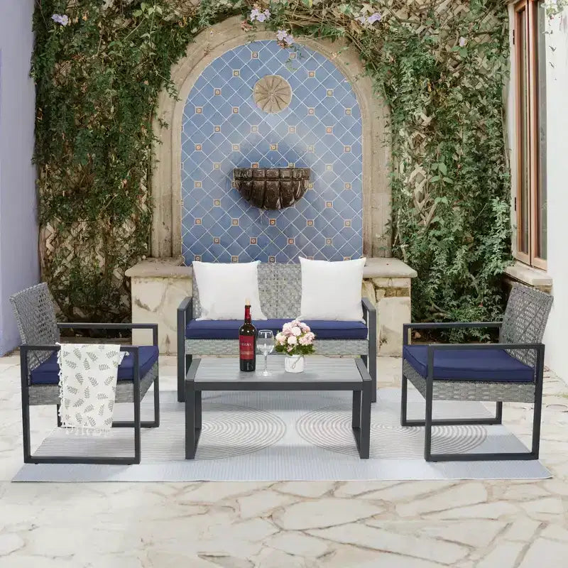 4-Piece Patio Furniture Set Outdoor Acacia Wood Table Top Metal Frame Cushions Balcony Garden Backyard Lawn