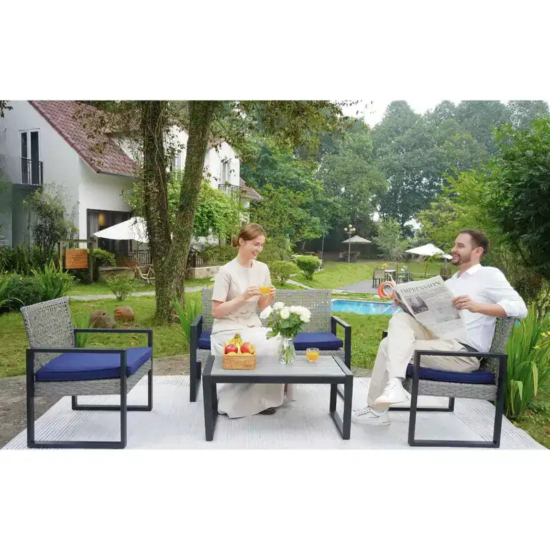 4-Piece Patio Furniture Set Outdoor Acacia Wood Table Top Metal Frame Cushions Balcony Garden Backyard Lawn