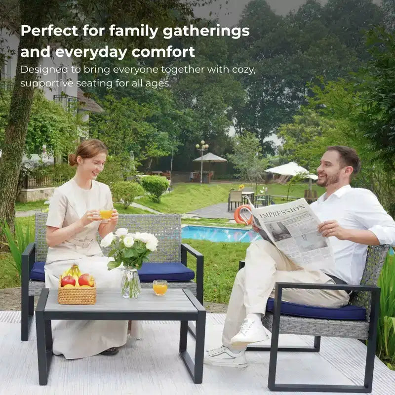 4-Piece Patio Furniture Set Outdoor Acacia Wood Table Top Metal Frame Cushions Balcony Garden Backyard Lawn