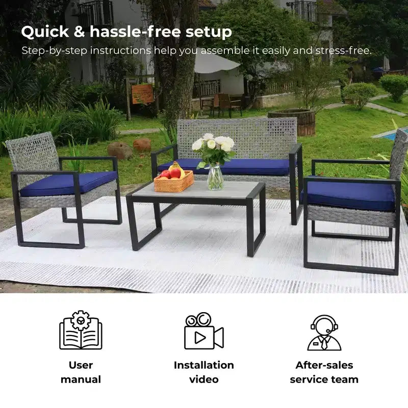 4-Piece Patio Furniture Set Outdoor Acacia Wood Table Top Metal Frame Cushions Balcony Garden Backyard Lawn