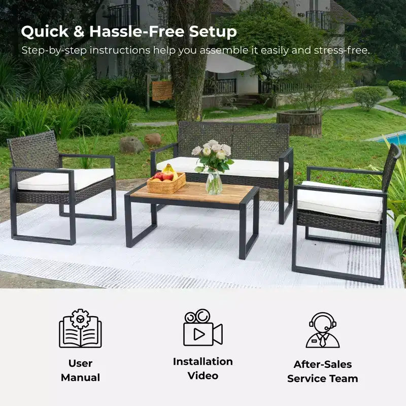 4-Piece Patio Furniture Set Outdoor Acacia Wood Table Top Metal Frame Cushions Balcony Garden Backyard Lawn