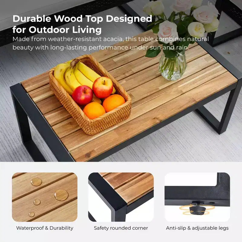 4-Piece Patio Furniture Set Outdoor Acacia Wood Table Top Metal Frame Cushions Balcony Garden Backyard Lawn