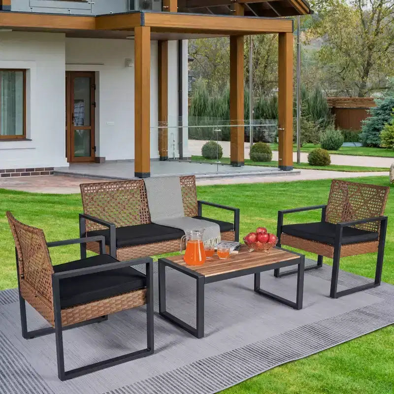 4-Piece Patio Furniture Set Outdoor Acacia Wood Table Top Metal Frame Cushions Balcony Garden Backyard Lawn