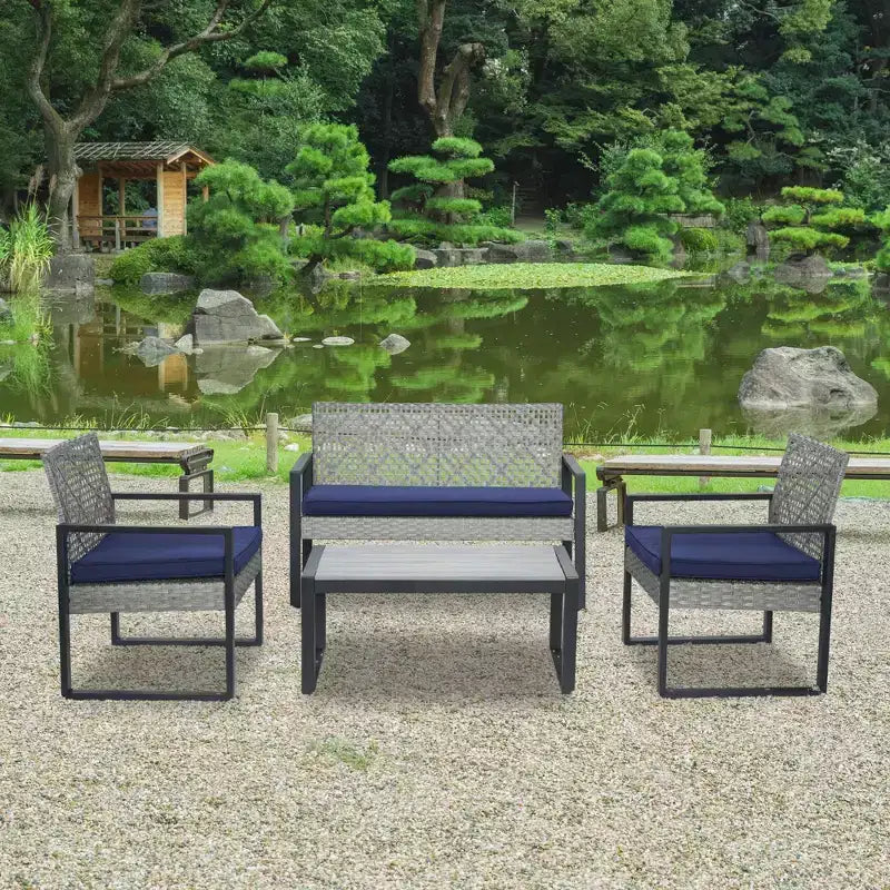 4-Piece Patio Furniture Set Outdoor Acacia Wood Table Top Metal Frame Cushions Balcony Garden Backyard Lawn