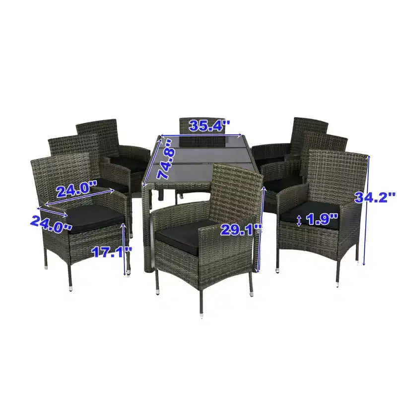 GDFStudio Jayu Modern 9 Piece Metal and PE Rattan Patio Dining Set with Cushion and Glass Tabletop