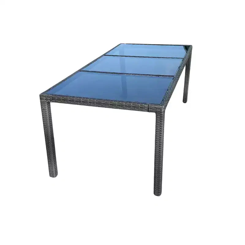 GDFStudio Jayu Modern 9 Piece Metal and PE Rattan Patio Dining Set with Cushion and Glass Tabletop