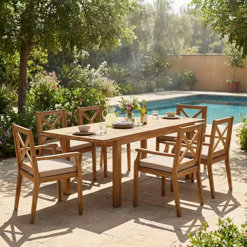 7PCS Outdoor Patio Dining Set, Acacia Wood Extendable Dining Table with 6 Cushioned Chairs, Outdoor Dining Furniture for Backyard-Panipeachy