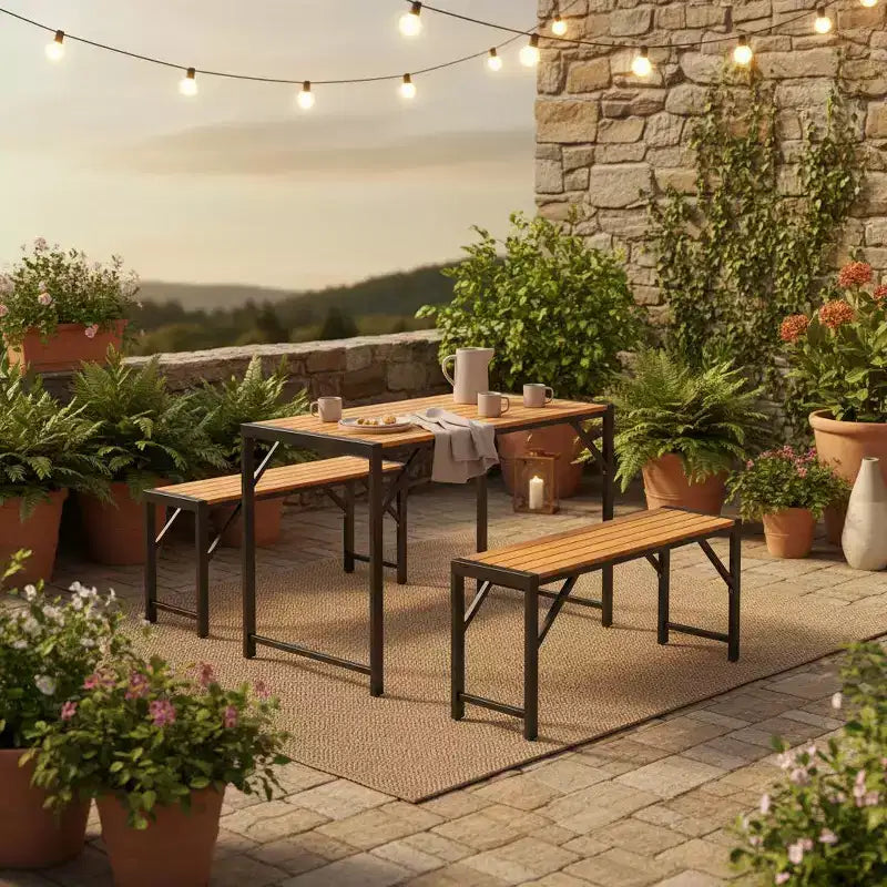 Gymax 3-Piece Outdoor Dining Set for 4 Featuring Wood Picnic Table & 2 Benches for Patios and Gardens
