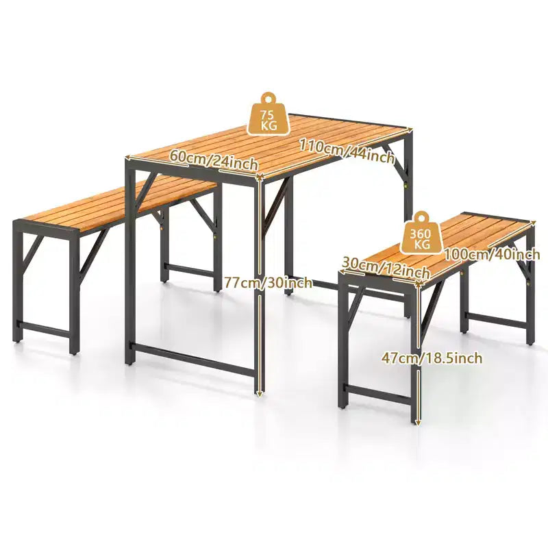 Gymax 3-Piece Outdoor Dining Set for 4 Featuring Wood Picnic Table & 2 Benches for Patios and Gardens