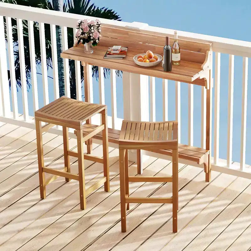 Costway 6 PCS Acacia Wood Balcony Table Set w/ Shelf Footrest Curved Wood Seat