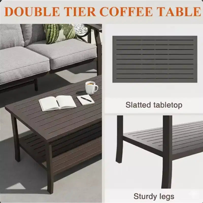 2 Piece Outdoor Patio Set, 70 Inch All-Weather Metal 3-Seat Metal Patio Sofa and Rectangular coffee Table, Khaki Frame with Gray Cushions